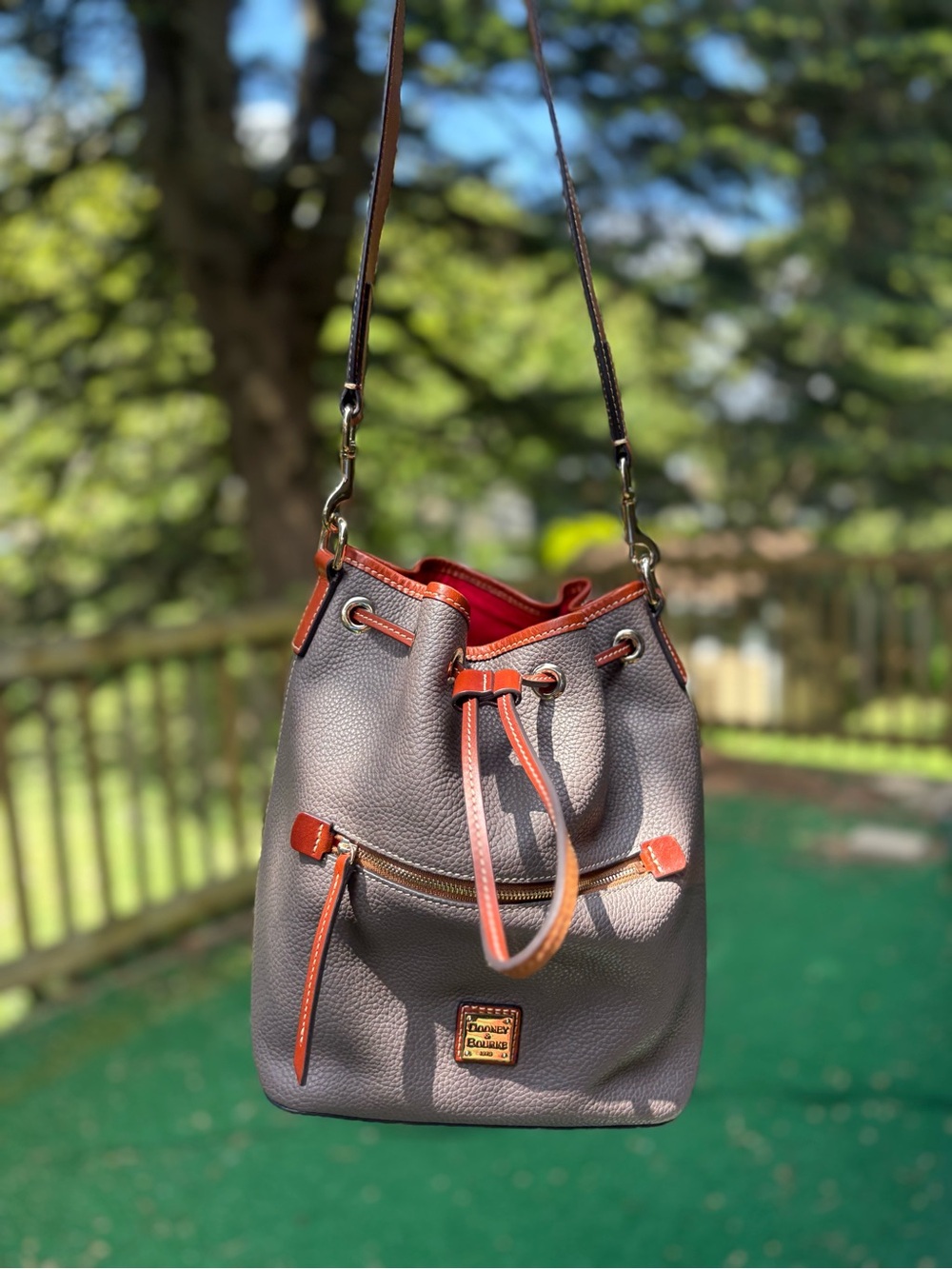 Dooney And Bourke Elephant Gray Bucket Drawstring Bag Pebble Leather